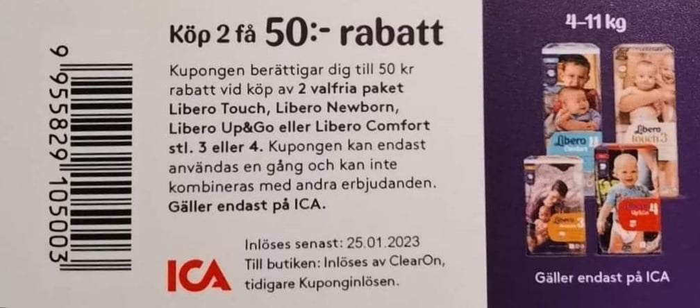 50 kronor rabatt vid köp av 2 valfria paket blöjor på ICA