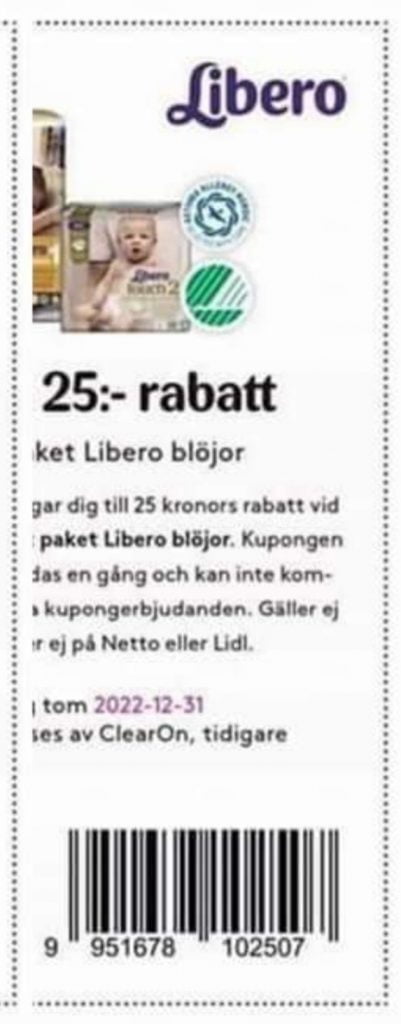 Köp 1 paket Libero blöjor, få 25 kronor rabatt