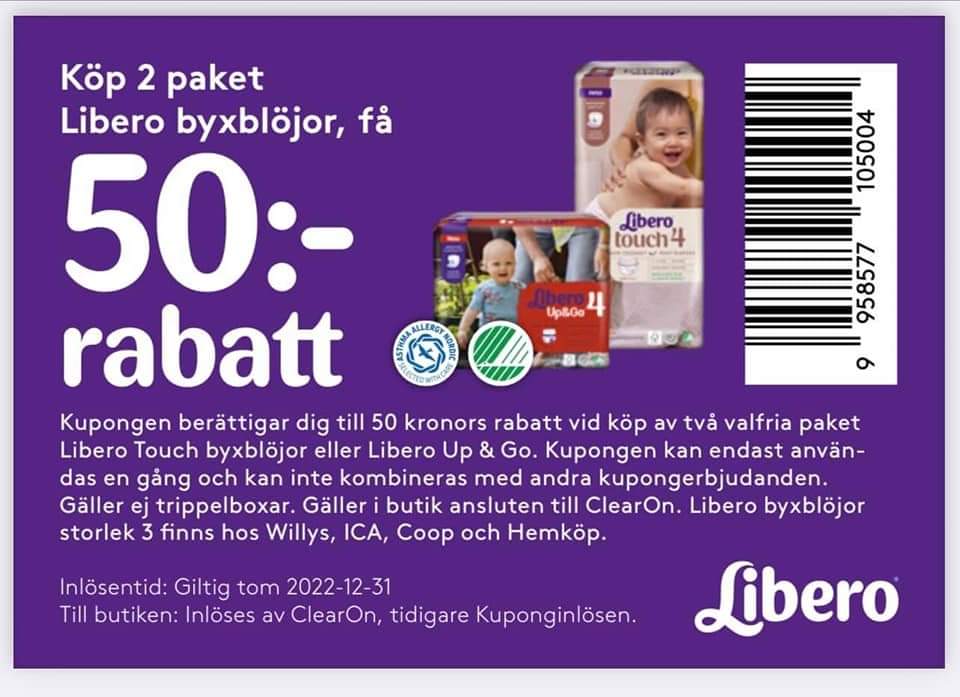 Köp 2 paket Libero byxblöjor, få 50 kronor rabatt
